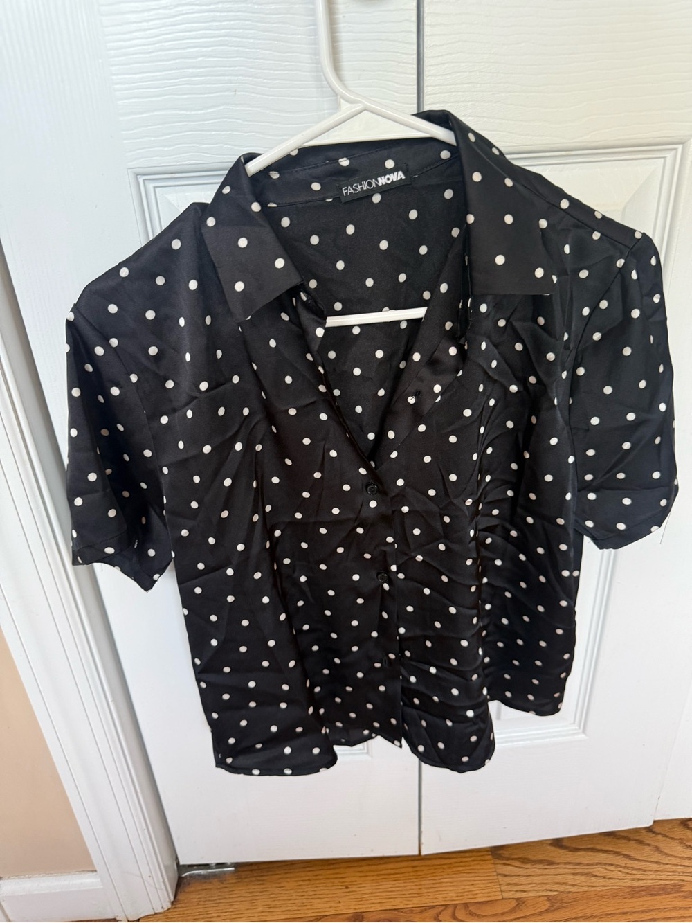 Fashion Nova Black and White Polka Dot Short Sleeve Button-Up Shirt